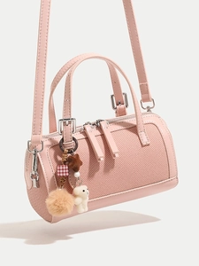 Women's Retro Splicing Fabric PU Leather Boston Bag Versatile Cylinder Shoulder Bag with Bear Charm Crossbody Handbag