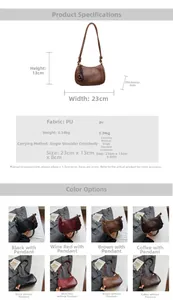 Size chart showing large crossbody bag dimensions 23x13x8cm and multiple color options