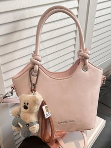 Korean Style Women PU Leather Bucket Bag With Cute Bear Charm Small Shoulder Crossbody Bag Casual Knot Handle Handbag For Daily