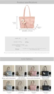 Detailed size specifications for a PU leather tote bag with measurements and color options