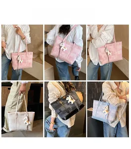 Detailed views of checkered tote bags in four colors styled on models for daily use