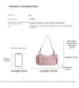 Size chart and dimensions for pink suede style PU crossbody bag with iPhone comparison