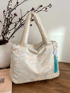 Sac Fourre-tout Brodé Élégant Nouveau Style Chinois Sac à Épaule Matelassé Aspect Satin Avec Gland pour Femmes