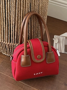 Vintage Women Red Canvas Crossbody Bag Brown PU Leather Handle Casual Small Square Shoulder Bag Top Handle Bag Handbag