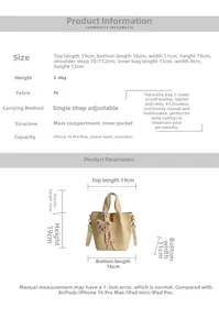 Guide des tailles pour sac seau vintage en cuir PU avec dimensions et détails de sangle