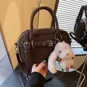 Vintage Women Crossbody Bag PU Leather Litchi Grain Boston Handbag Retro Square Shoulder Bag With Fuzzy Bunny Charm Daily Travel