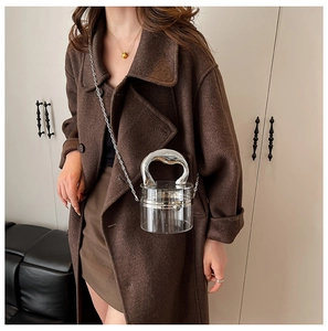 Detail of transparent acrylic cylinder bag with silver metal handle and chain strap