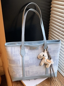 Fashion Women Canvas PU Leather Splicing Tote Bag Large Capacity Shoulder Bag With Cute Horse Pendant Casual Chic Handbag