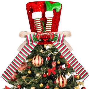 Sparkly sequin elf hat Christmas tree topper with red and green striped plush legs