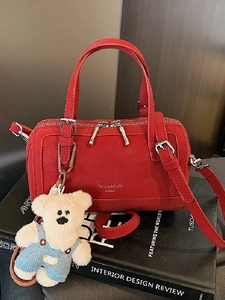 Women Fashion PU Leather Boston Pillow Handbag Versatile Shoulder Crossbody Bag With Plush Bear Charm Daily Small Square Bag