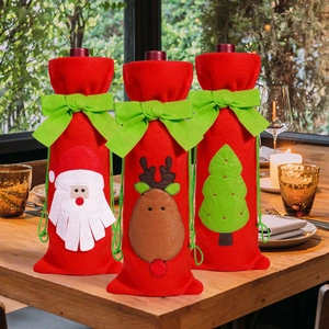 Set of 3 Christmas wine bottle covers with Santa Reindeer and Tree designs in red felt