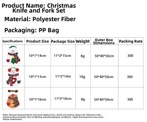 Detailed size chart for snowman and reindeer polyester Christmas cutlery holders