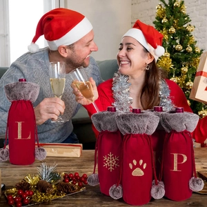 Christmas plush wine bottle covers with velvet fabric and embroidered gold letters