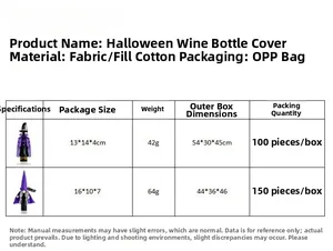 Detailed size chart for Halloween witch and elf wine bottle covers with dimensions