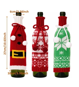 Three knitted Christmas wine bottle covers with Santa and deer patterns and size labels