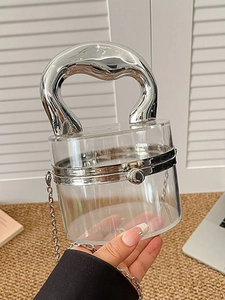 Vintage Acrylic Cylindrical Evening Bag With Unique Metal Handle Elegant Glossy Women Banquet Crossbody Chain Handbag