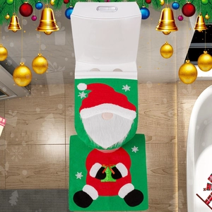 Christmas gnome toilet lid cover and floor mat set with red festive holiday decorations