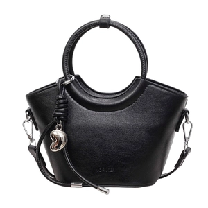 Black leather bucket bag with silver bean charm, round handle and NO FILTER embossing