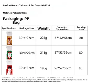Detailed size chart for Christmas toilet seat covers featuring reindeer and snowman designs
