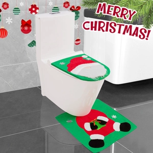 Detailed Christmas toilet seat cover and non-slip floor mat with Santa Claus pattern