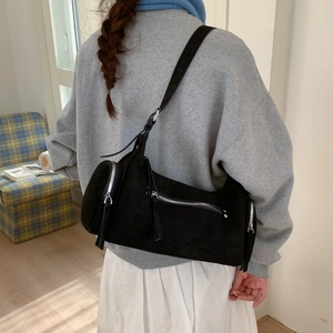 Minimalist black matte suede handbag with silver zipper pockets for women in 2025