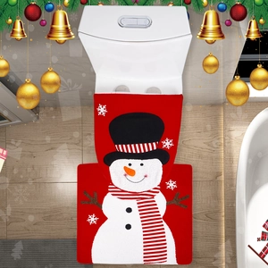 Detailed view of red Christmas toilet cover and mat set featuring snowman embroidery
