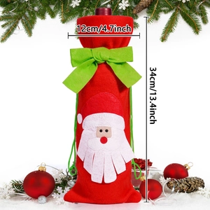 Detailed view of red felt Santa wine bottle cover with green bow and size 34x12cm