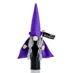 Detail of purple witch gnome wine bottle cover with a Happy Halloween banner flag
