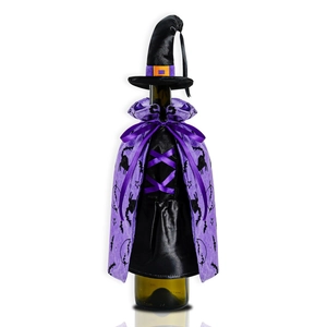 Detailed view of Halloween wine bottle set with wizard hat and bat print cape