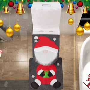 Christmas gnome toilet lid cover and floor mat set with red plush beard details