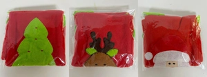 Detail of red felt Christmas wine gift bags featuring Santa, deer, and tree motifs
