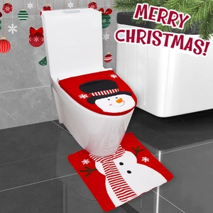 Christmas toilet cover and U-shaped rug set with snowman design in festive bathroom