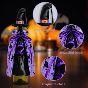 Exquisite Halloween wine bottle set with wizard hat, bow tie and purple mesh cape detail