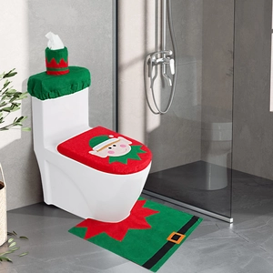 Three-piece Christmas elf toilet seat cover set with tank lid and rug for bathroom decor