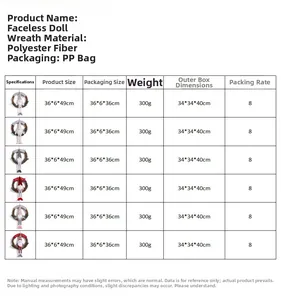 Size chart for Christmas gnome wreaths showing polyester fiber materials and product dimensions