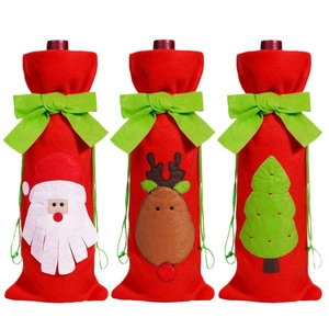 Christmas wine bottle covers with Santa, reindeer and tree patterns and green bows