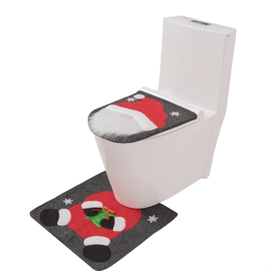 Christmas toilet cover and U-shaped rug set with 3D Santa Claus design in red and grey