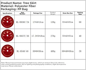 Size chart for red velvet Christmas tree skirt with golden sequin snowflake patterns