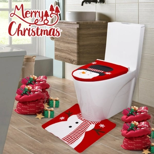 Festive red Christmas toilet cover and U-shaped rug set with cute snowman design