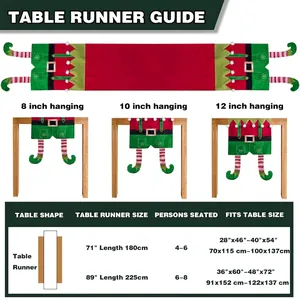 Christmas table runner size guide with red and green elf leg decorations for holiday decor
