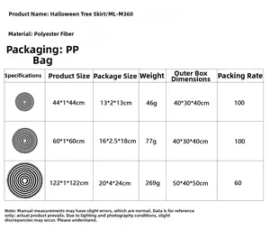 Size chart table for polyester Halloween tree skirts in various diameters and dimensions
