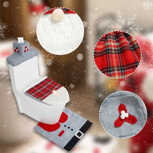 Ensemble WC de Noël 3 pièces avec housse écossaise rouge et tapis ceinture de Noël