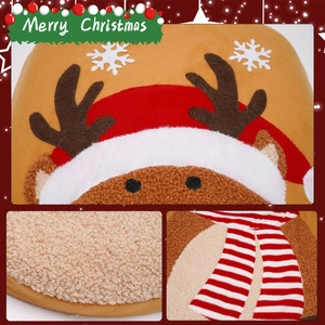 Detailed macro view of felt Christmas elk decorative gift bag with plush lamb wool accents