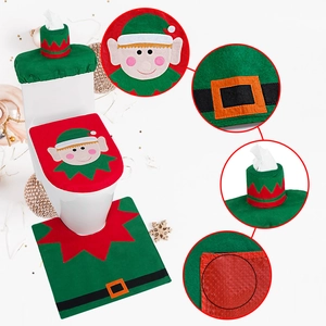 Three-piece Christmas elf toilet set with plush cover, tank lid, and non-slip floor mat