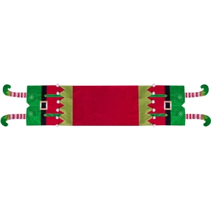 Christmas elf legs table runner in red and green fabric with belt buckle accents