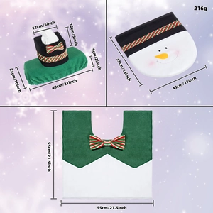 Detailed size chart of Christmas snowman bathroom set showing tissue box and toilet cover