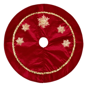 Red velvet Christmas tree skirt with golden snowflake embroidery and sequins trim