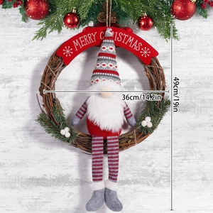 Handcrafted Christmas gnome wreath with natural rattan base and pine needle detail