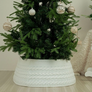White Cable Knit Christmas Tree Collar Polyester Round Tree Skirt Base Decoration For Holiday Home Winter Party Ornament