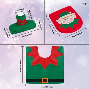 Three-piece Christmas elf bathroom set including toilet cover, tank lid, and U-shaped rug